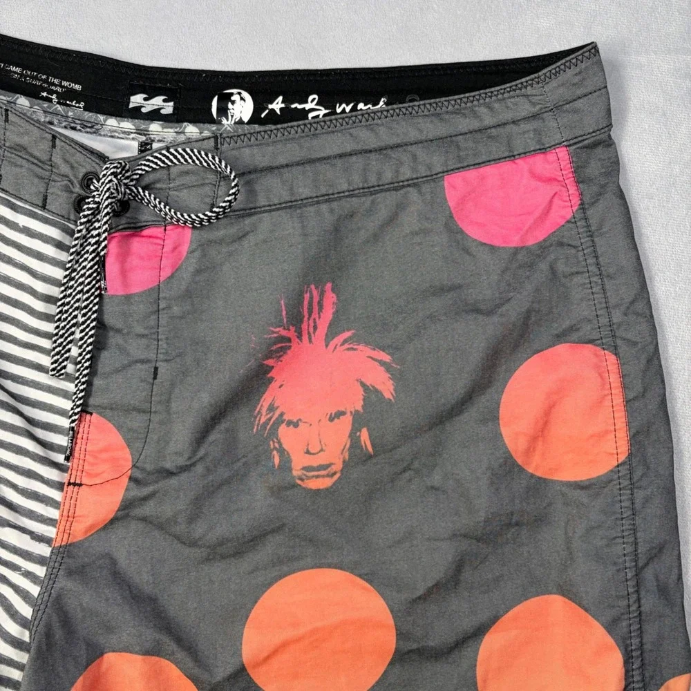 Billabong Andy Warhol Board Shorts Mens 38 Gray Pink Polka Dot Striped Trunks